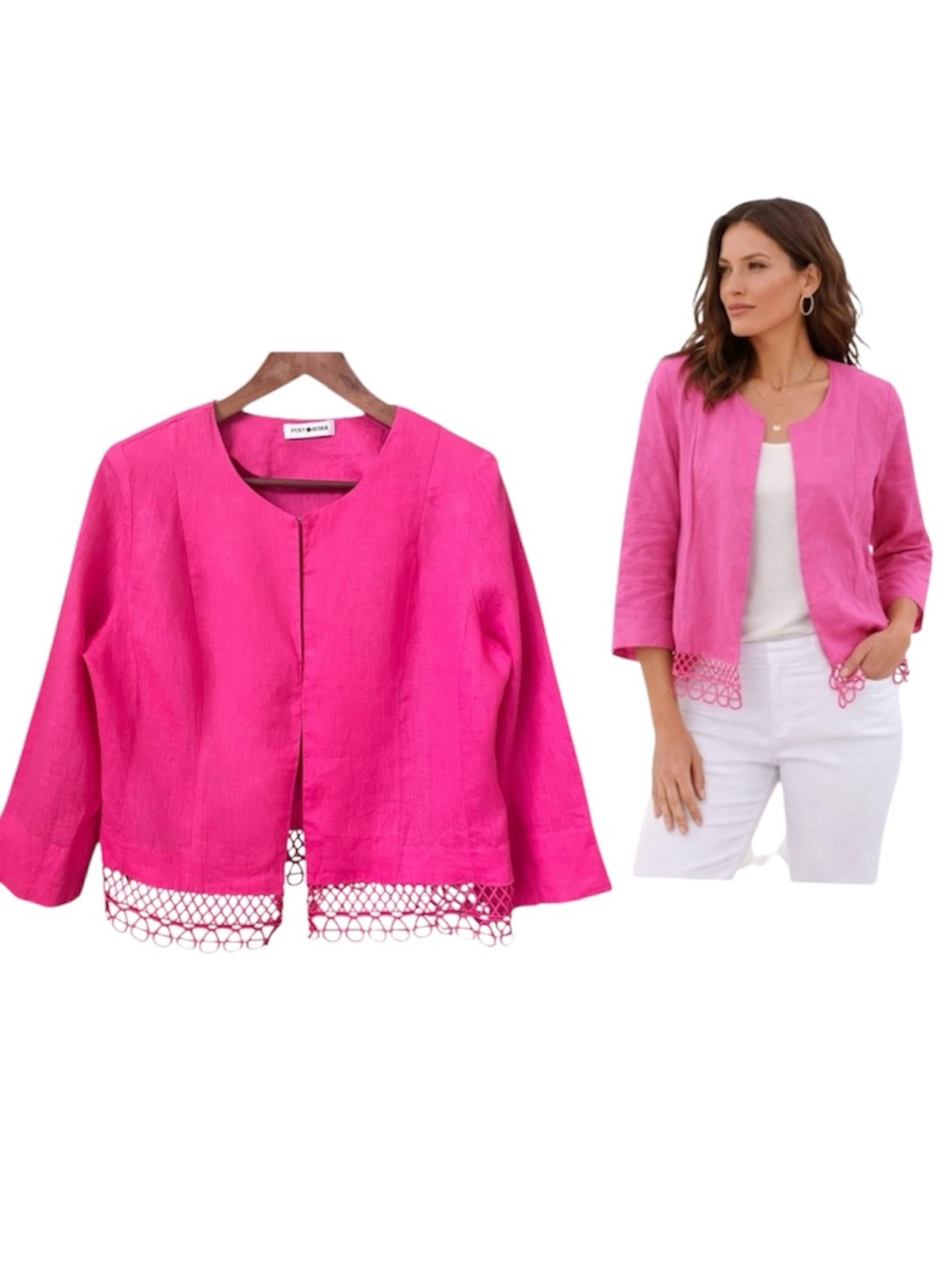 Punt Roma 100% Linen Blazer Jacket Sz 10 Pink 3/4 Sleeve Office Summer Feminine - Picture 12 of 12